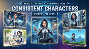 An infographic-style featured image demonstrating AI character consistency across different styles like Retro Sci-Fi, Hyper-realistic, Watercolor, and Pixel Art, featuring a consistent character named Anya for a 2026 guide.