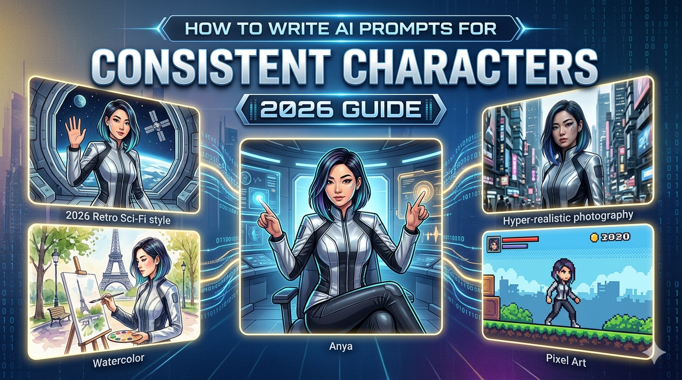 An infographic-style featured image demonstrating AI character consistency across different styles like Retro Sci-Fi, Hyper-realistic, Watercolor, and Pixel Art, featuring a consistent character named Anya for a 2026 guide.