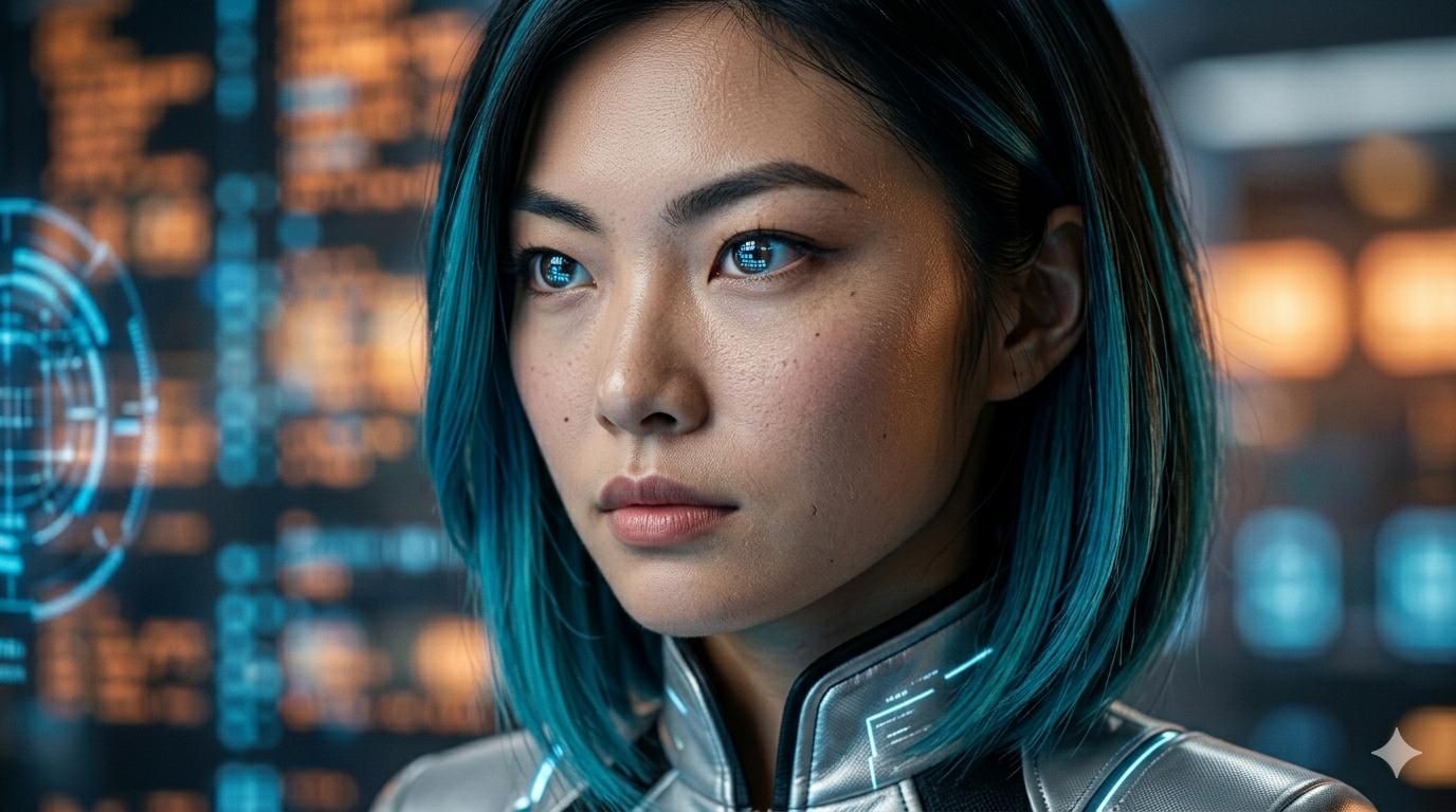Close-up macro portrait of Anya, a young Japanese woman with teal-blue streaked black hair, with a determined expression. Her silver tactical jacket collar is visible, with complex blue and orange data matrix bokeh in the background.